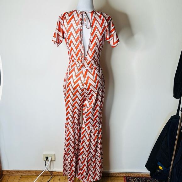 Orange and White Chevron Print 70’s Style Flare Leg Jumpsuit - Picture 9 of 10